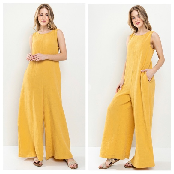 Boho Cotton Gauze Solid Wide Leg Jumpsuit - Picture 1 of 3